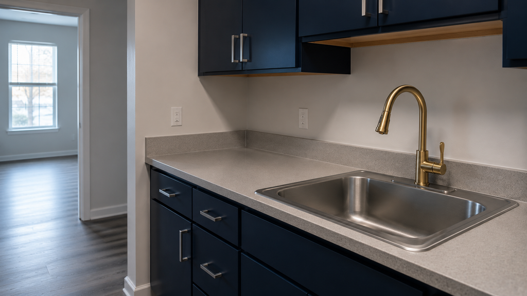 Empty apartment kitchen at turnover with a stainless steel sink