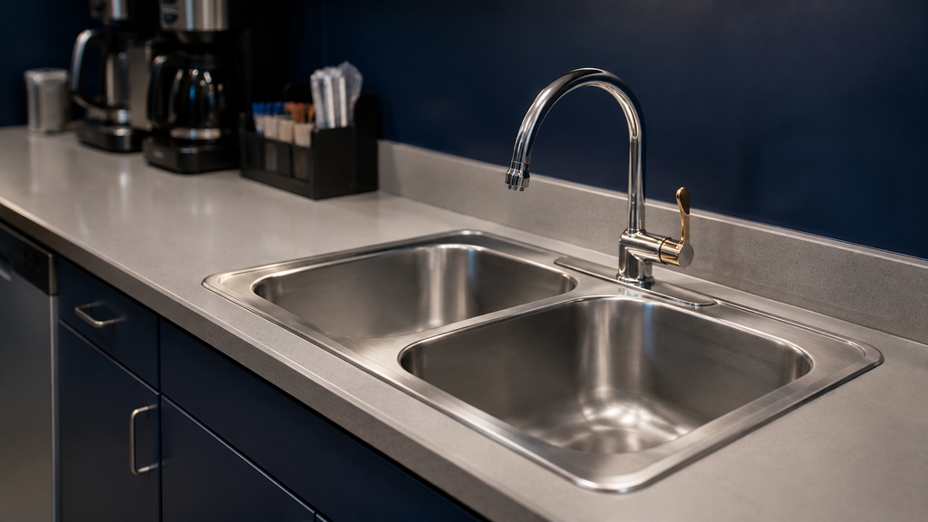 Stainless steel break room sink in a commercial office kitchenette