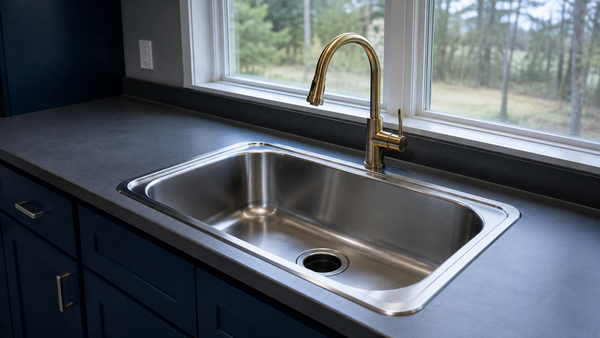 Stainless kitchen sink in a rural home served by a septic system