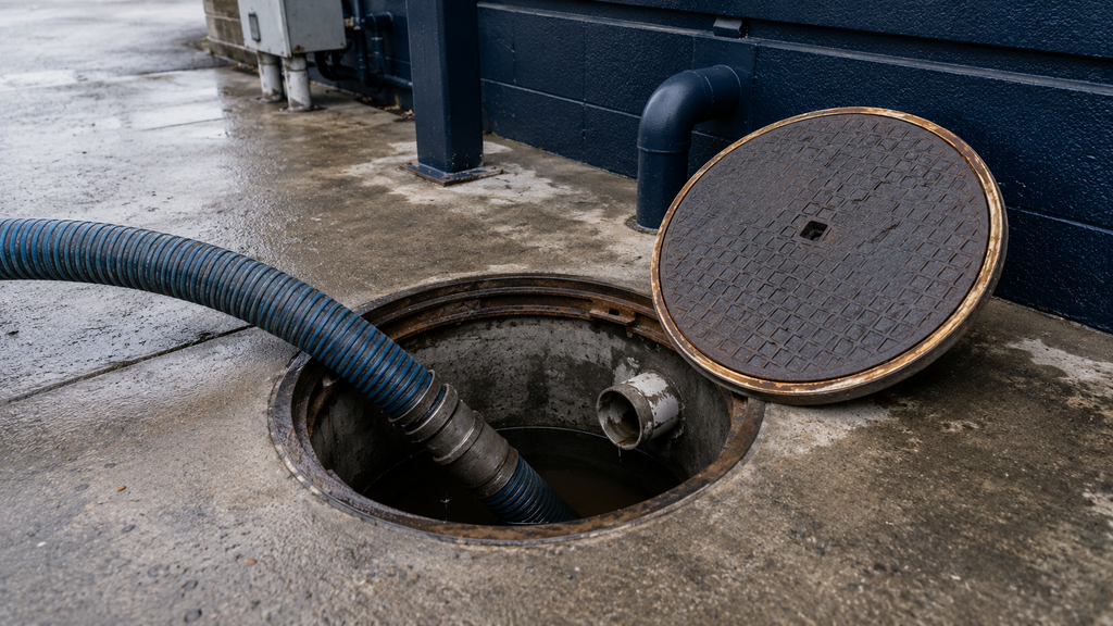 Open grease interceptor access lid during a scheduled pump-out service