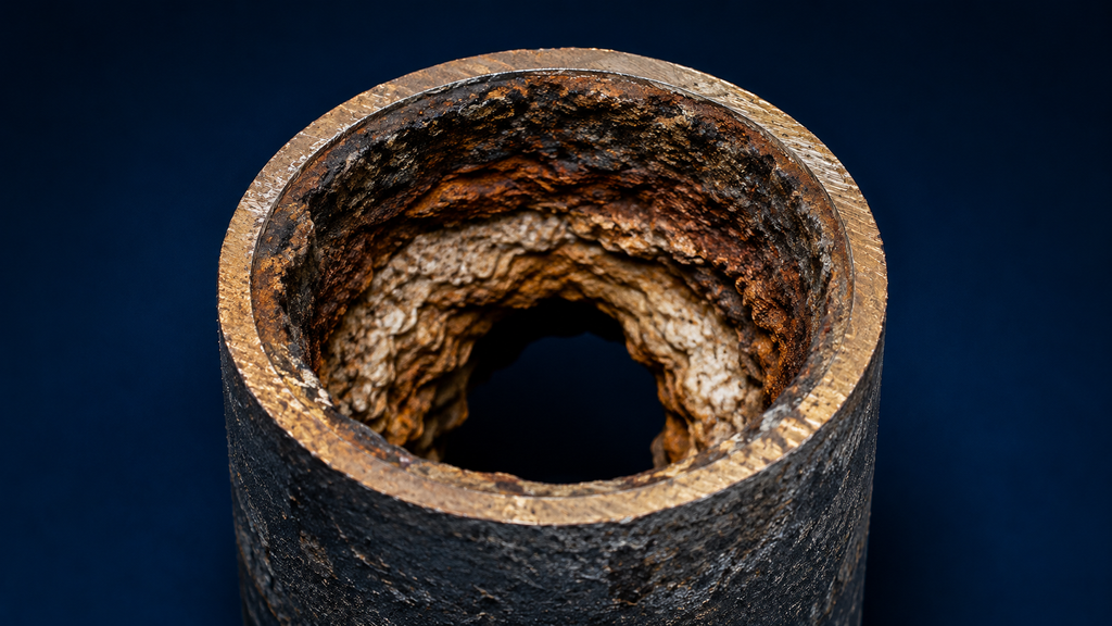 Interior of an aging cast iron drain pipe with heavy scale buildup