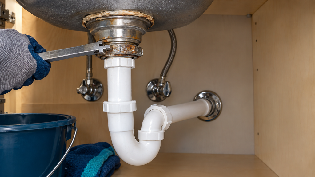 A plumber's drain wrench loosening the corroded lock nut on an old kitchen sink strainer above a P-trap joined with slip nuts