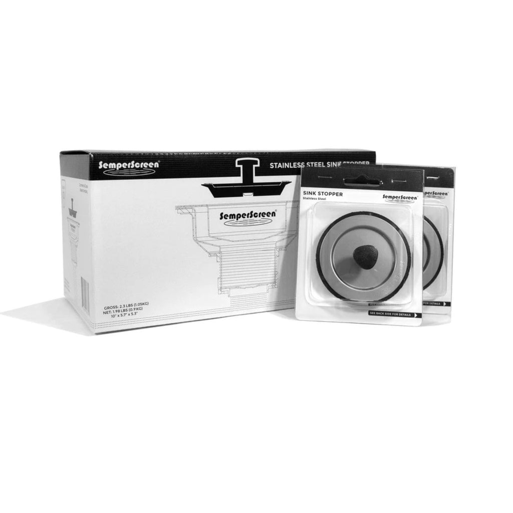 A packaged SemperStopper(TM) sink stopper, displayed alongside its product box.