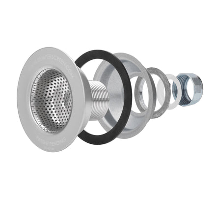SemperScreen® permanent sink screen shown with all components and replaces the complete kitchen sink drain assembly in one part: flange, tailpiece connection and permanent screen.
